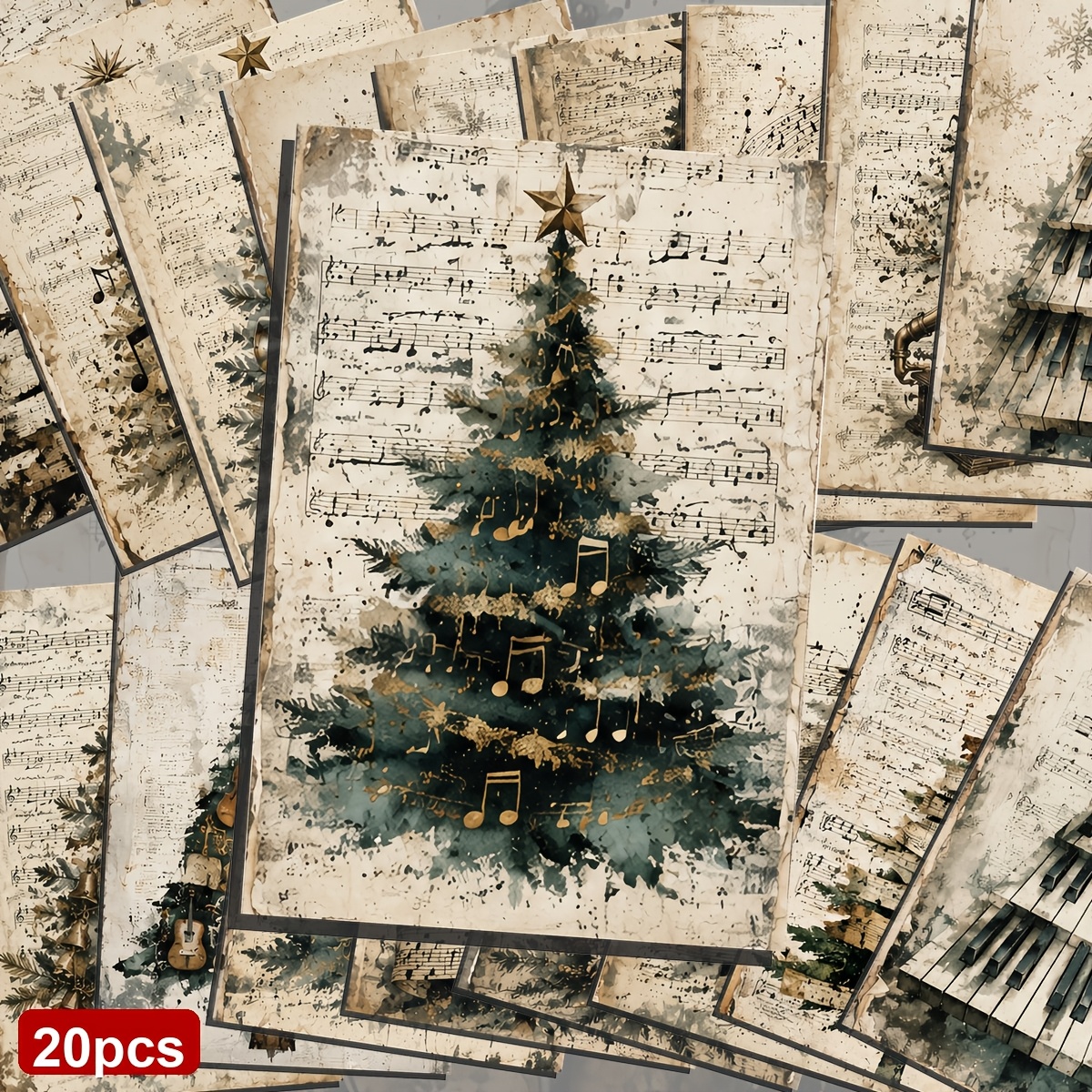 TEMU A Set Of 20 Music-themed Christmas Trees Postcards, Vintage Sheet Music Background, Suitable For Writing On Cardboard, Smooth Surfaces,