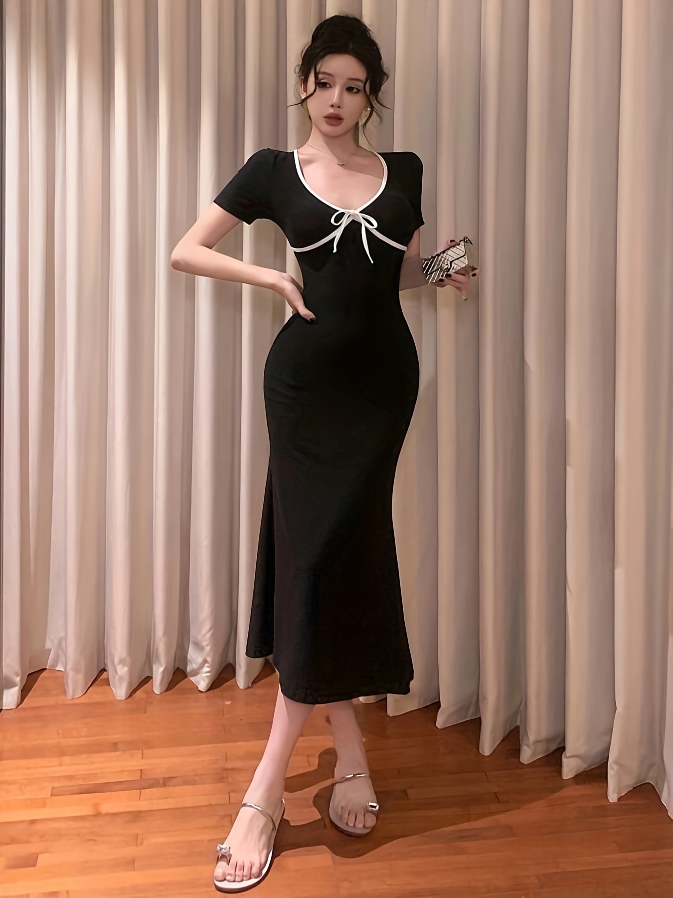 elegant womens two tone peplum dress bow detail v neck short - Temu