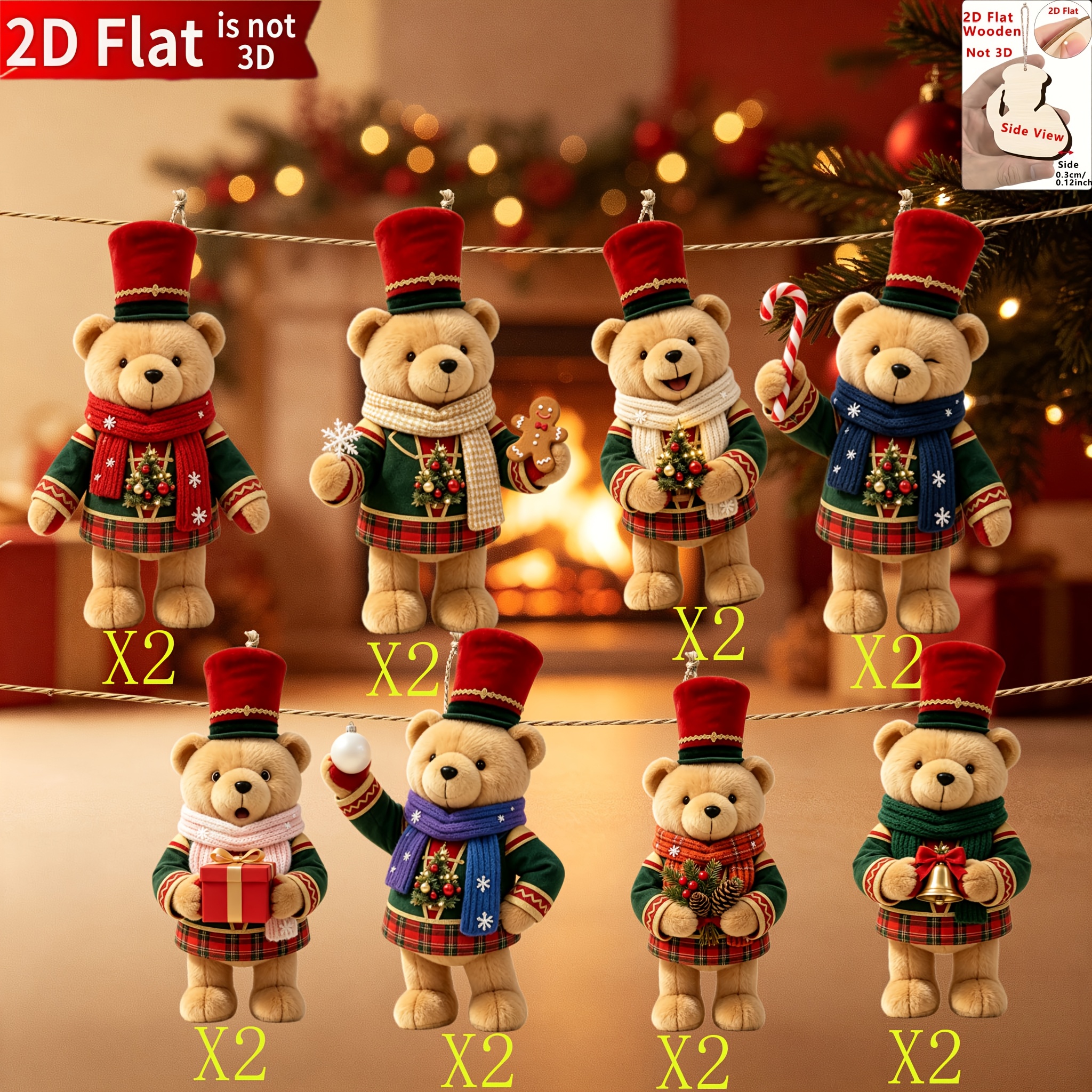 TEMU 2d Flat, 16pcs Wooden Bear With Hat Shaped Hanging Ornament Set, With Hanging Rope, Essential Item For Christmas, Halloween, Thanksgiving,