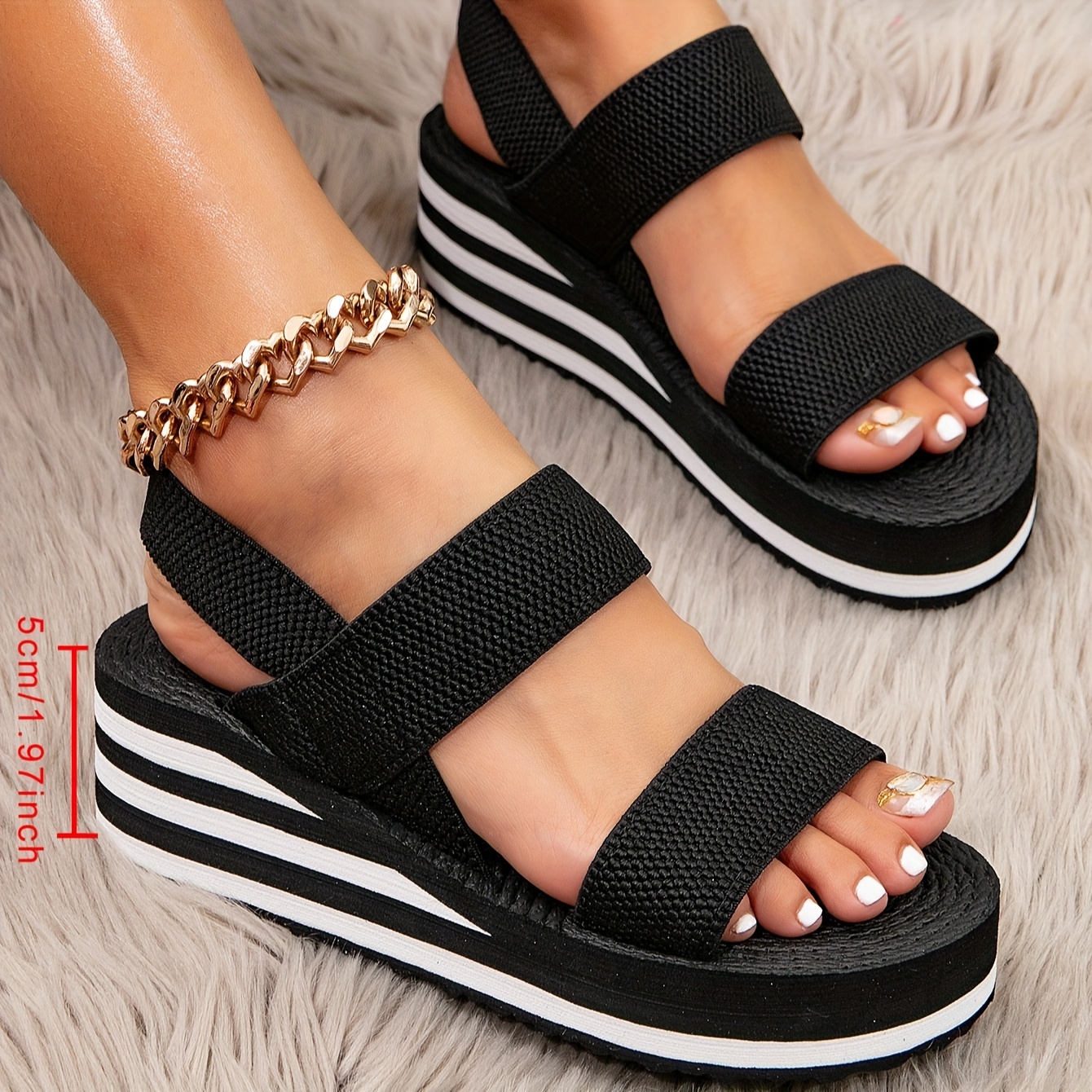 Women's Summer Wedge Sandals Black Fabric with Elastic Ankle Strap  Open Toe Design Comfortable EVA Sole Casual Beach Footwear