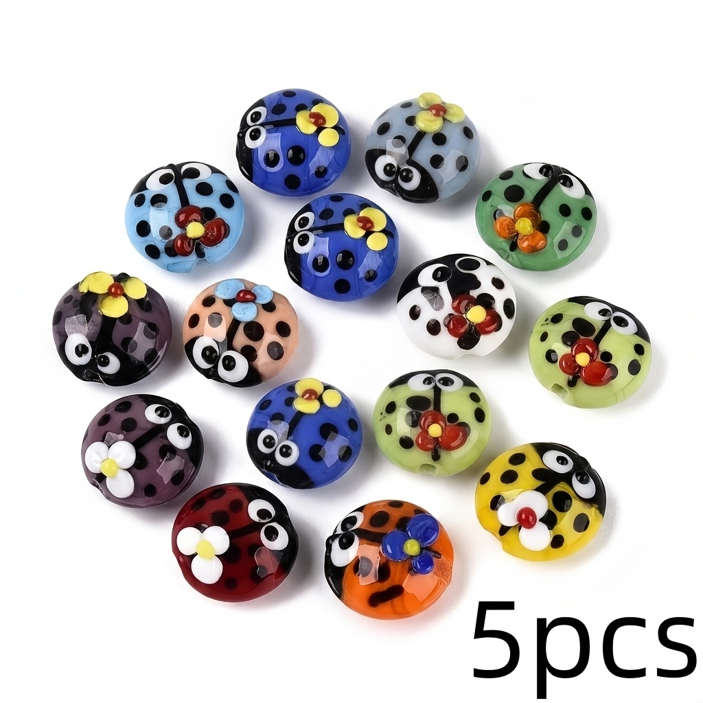 TEMU 5pcs Handmade Lampwork Glass Ladybug Beads - Multicolor Suitable For Making, Oval-flattened Floral & Ladybug Bug Beads With Painted For