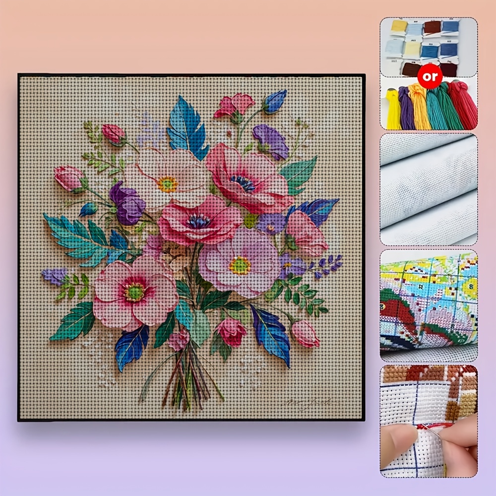 Frameless Stitch Printing Kit with Colorful Bouquet Art Pattern