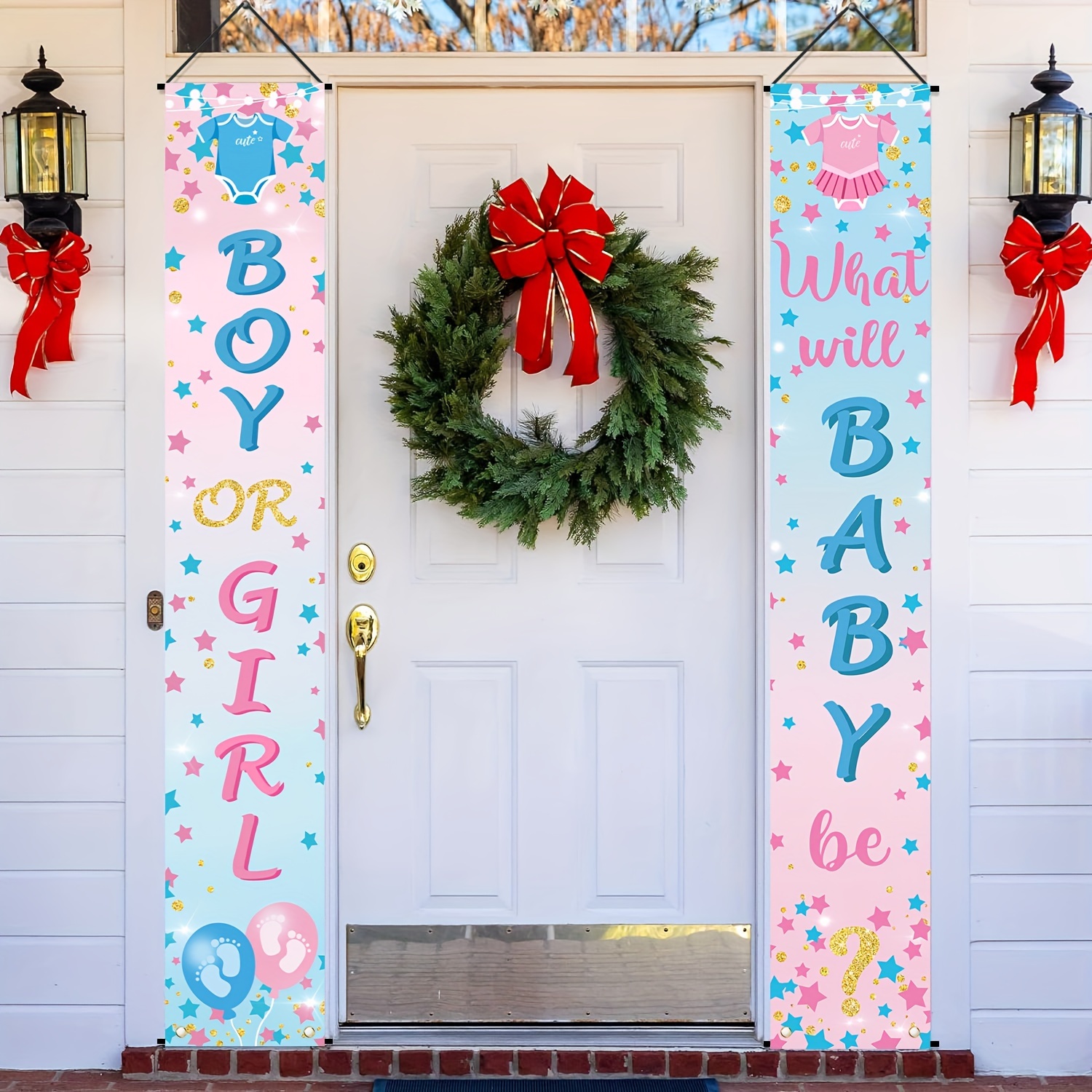 

1pair Gender Reveal Decorations Boy Or Girl Porch Signs Baby Shower Door Banners Gender Reveal Porch Banner He Or She Porch Signs For Baby Shower Party Decorations