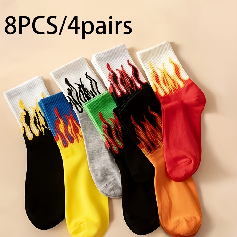 TEMU 8pcs/4pairs Of Random Unisex Color Matching Flame Pattern Tube Socks, Creative Fashion Sports Socks, Suitable For Daily Wear, , Autumn Socks.