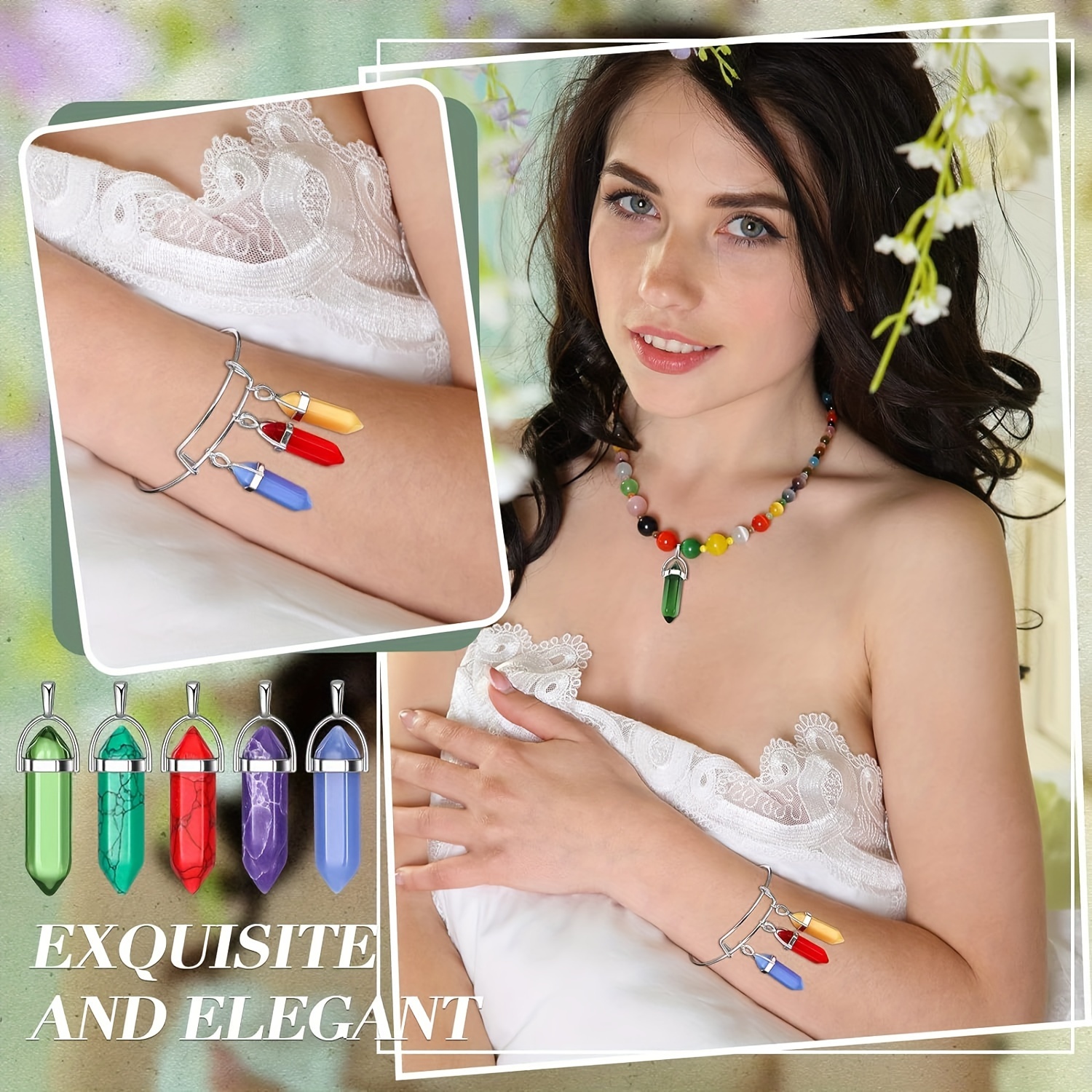 50pcs hexagonal pendant bullet crystal pendant gemstone pointed quartz stone pendants with storage bag 50 colors details 6