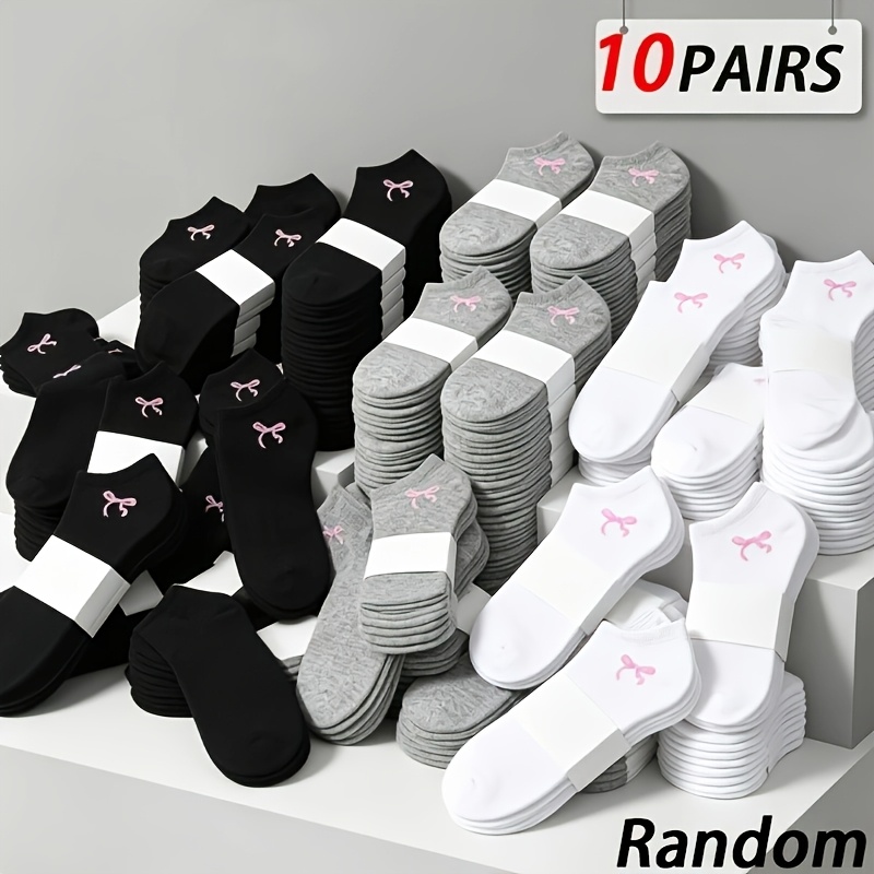 TEMU 10 Paar Zufällige Damen Einfarbige Schwarz Weiße Graue Schleife Boot Socken Knöchelsocken Mode Easy Casual Bequem