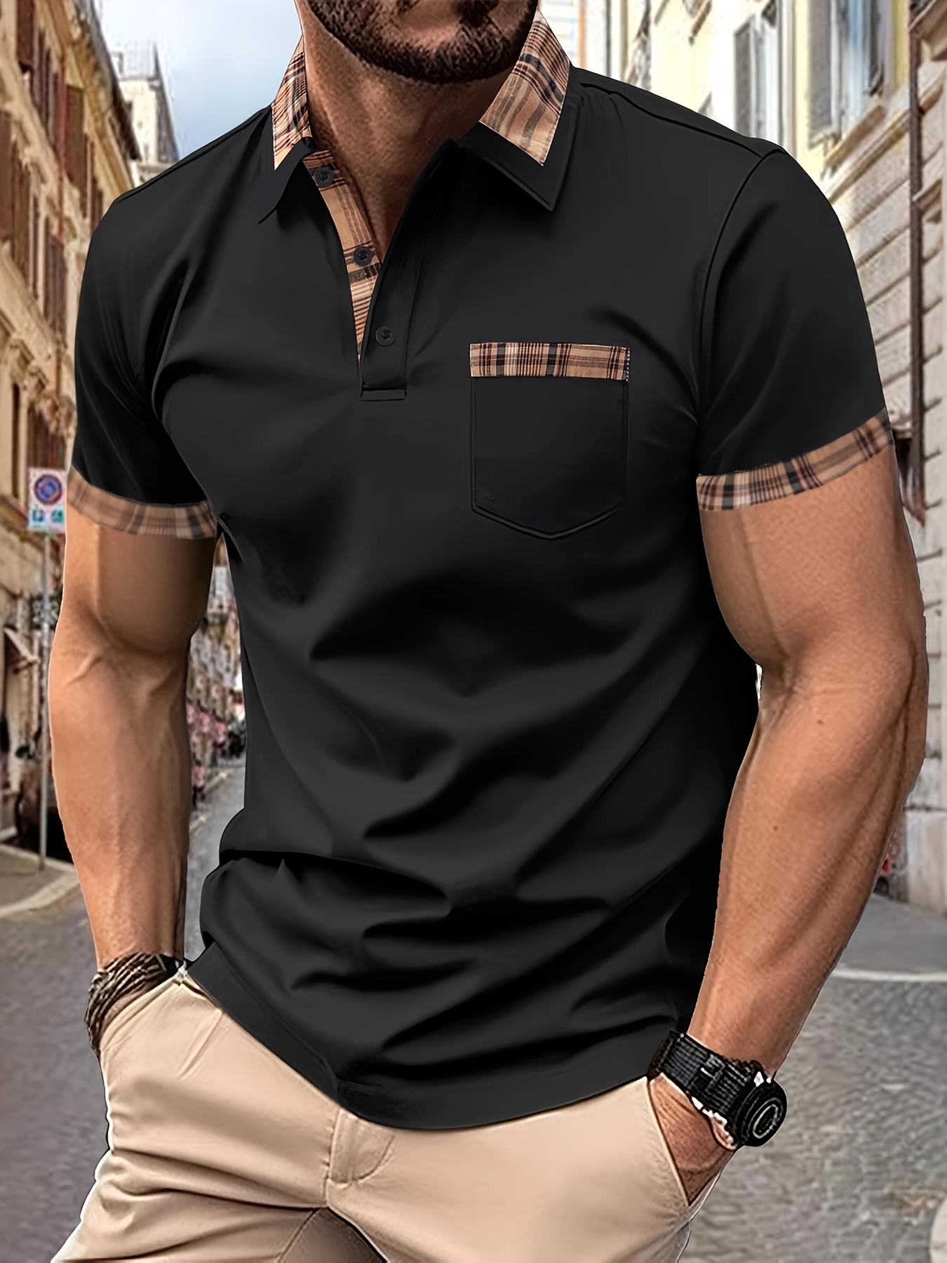 1pc Chemise Polo En Polyester Décontractée D'été Pour Hommes Avec Détail de Poche À Carreaux, Manches Courtes, Tissu Tricoté, Légèrement Extensible, Coupe Régulière, Col À Revers, Boutonnière - Sans Ceinture