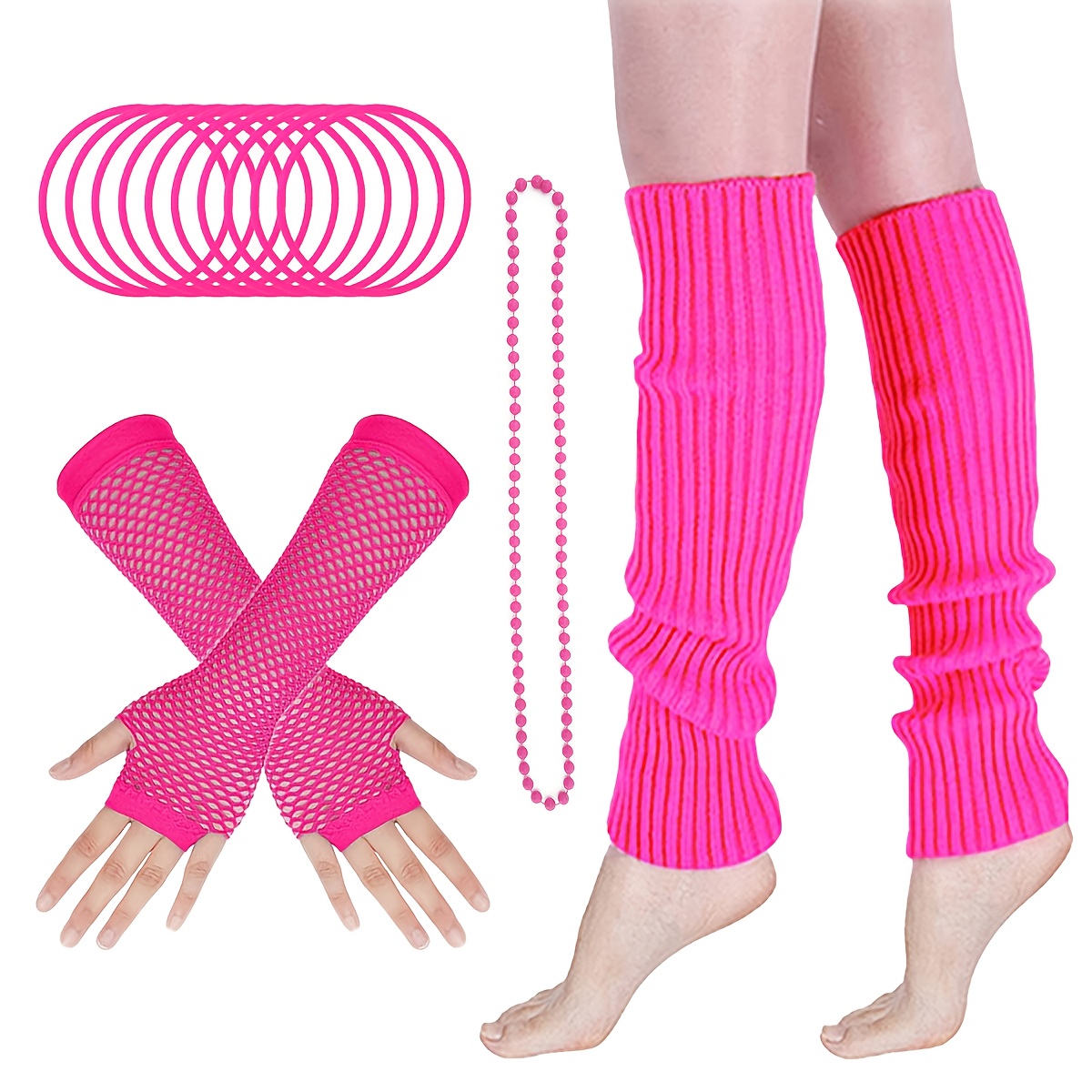 TEMU 4pcs 80s Accessories For Women Costume Bracelet & Long Fishnet Gloves Set With Beaded Necklace & Knit Leg Warmers - Punk Goth Accessories For