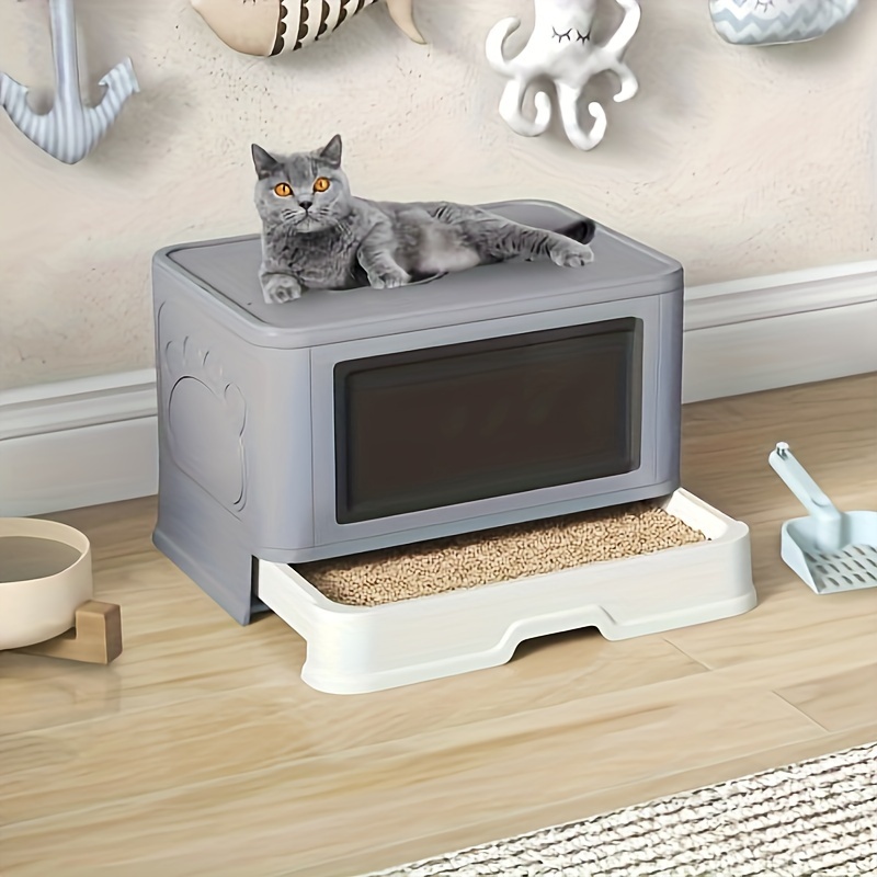 TEMU Terraloom Enclosed Cat Litter Box With Lid, Two- Way Entry/ , Slide- Out Tray With High , Litter , Self- Groomer, And Deodorizer Filter, Gray- 19" L X 15" W X 15" H