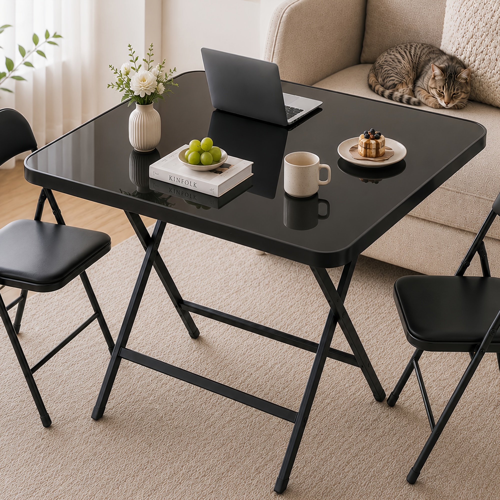 Image of Black Folding Square Table, Portable Folding Table, Mirror Glass Folding Square Table, Easy To Store Folding Garden Table, Suitable For Living Room, Bedroom, Terrace, Courtyard, Garden And