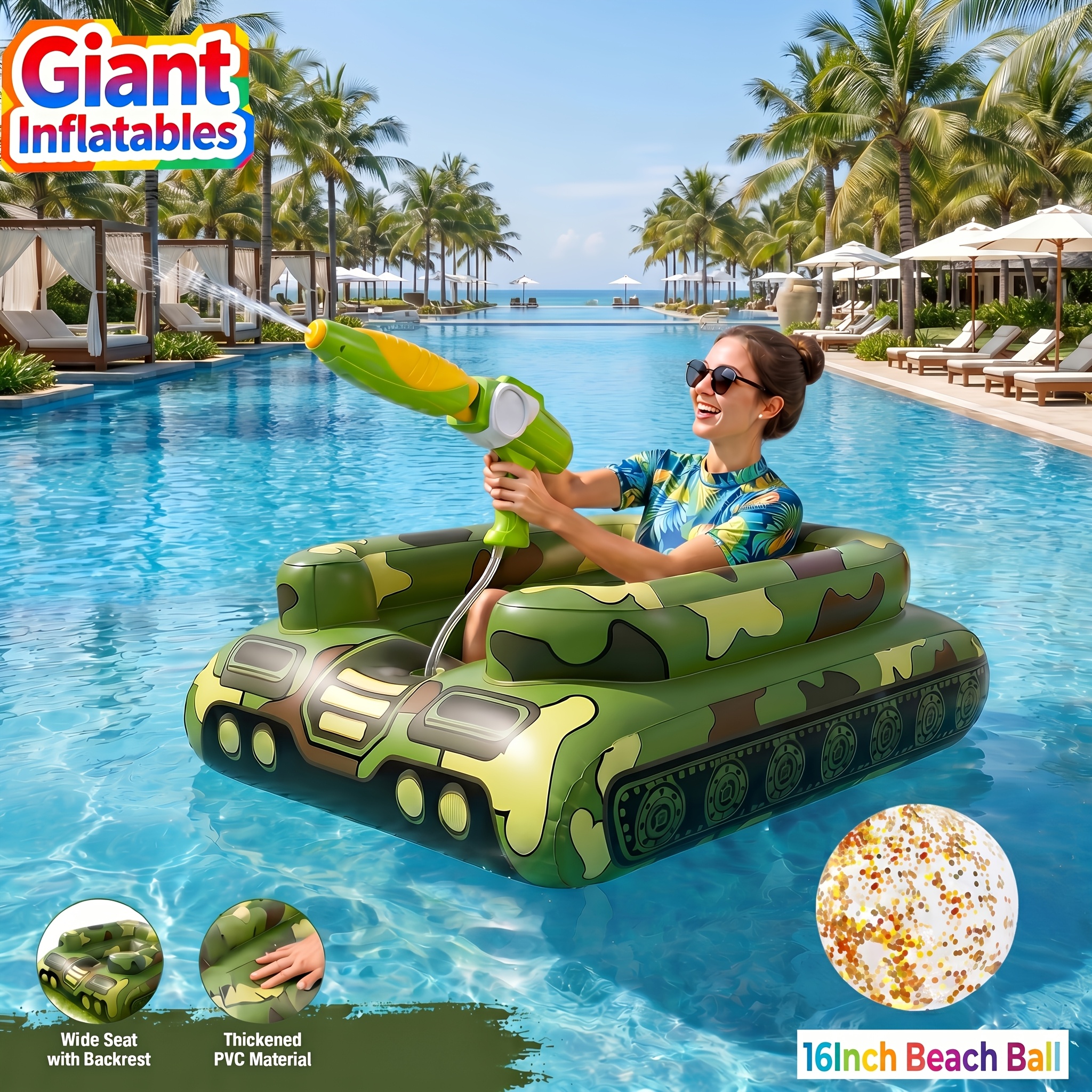 60 inch x large inflatable pool float for adults heavy duty ride on pool float built in sprayer system with 16 inch beach ball durable pvc blow up raft for lake beach summer party accessory outdoor  