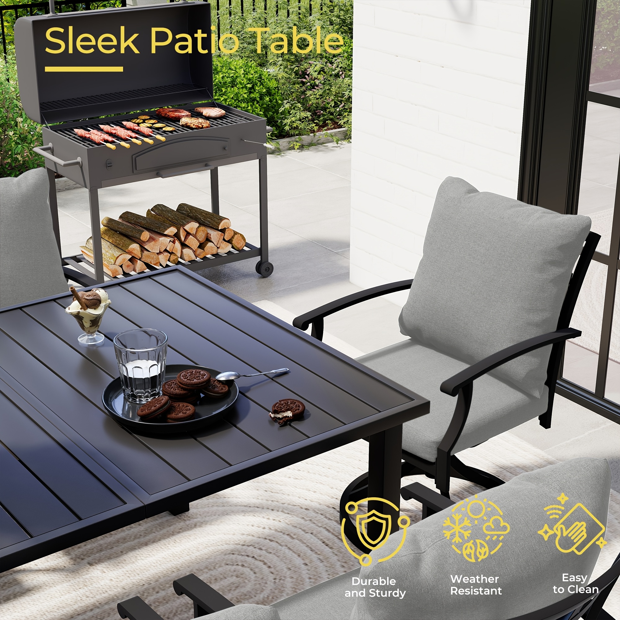 9pcs Outdoor Dining Set - Patio Dining Set for 8. Includes 1 Rectangular Table, 8 Dining Chairs with Cushions, for Lawn, Garden