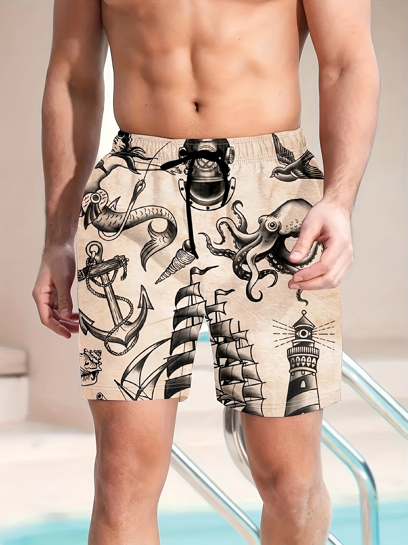 Anime Fish Print Men's Stylish Comfy Daily Beach Shorts - Temu