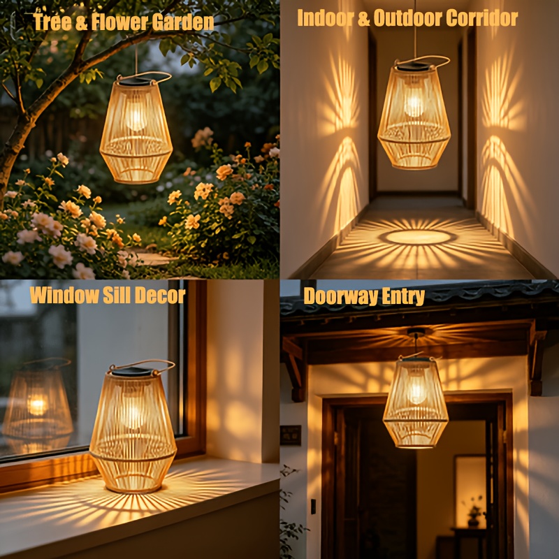 Set of 1/2/4 Bohemian Rattan Solar Lanterns, Weather-resistant Decorative Lights for Farmhouse Patios & Courtyards, IP65 Rated Outdoor Hanging Rattan Solar Lanterns with Auto On/Off Warm White Light, Ideal for Gardens, Porches, Trees and Windowsills
