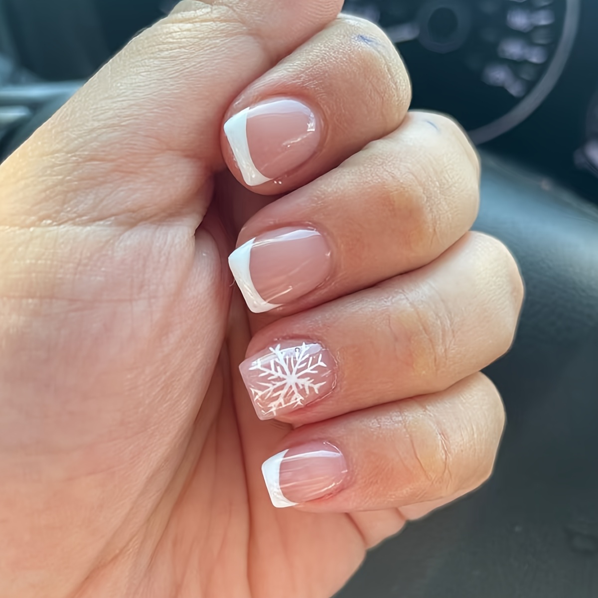 Image of 24pcs Square Short Press-on Nails, Christmas White French Snowflake Wearable Nails, Suitable For Christmas And Daily Wear, With Jelly Glue And Nail File