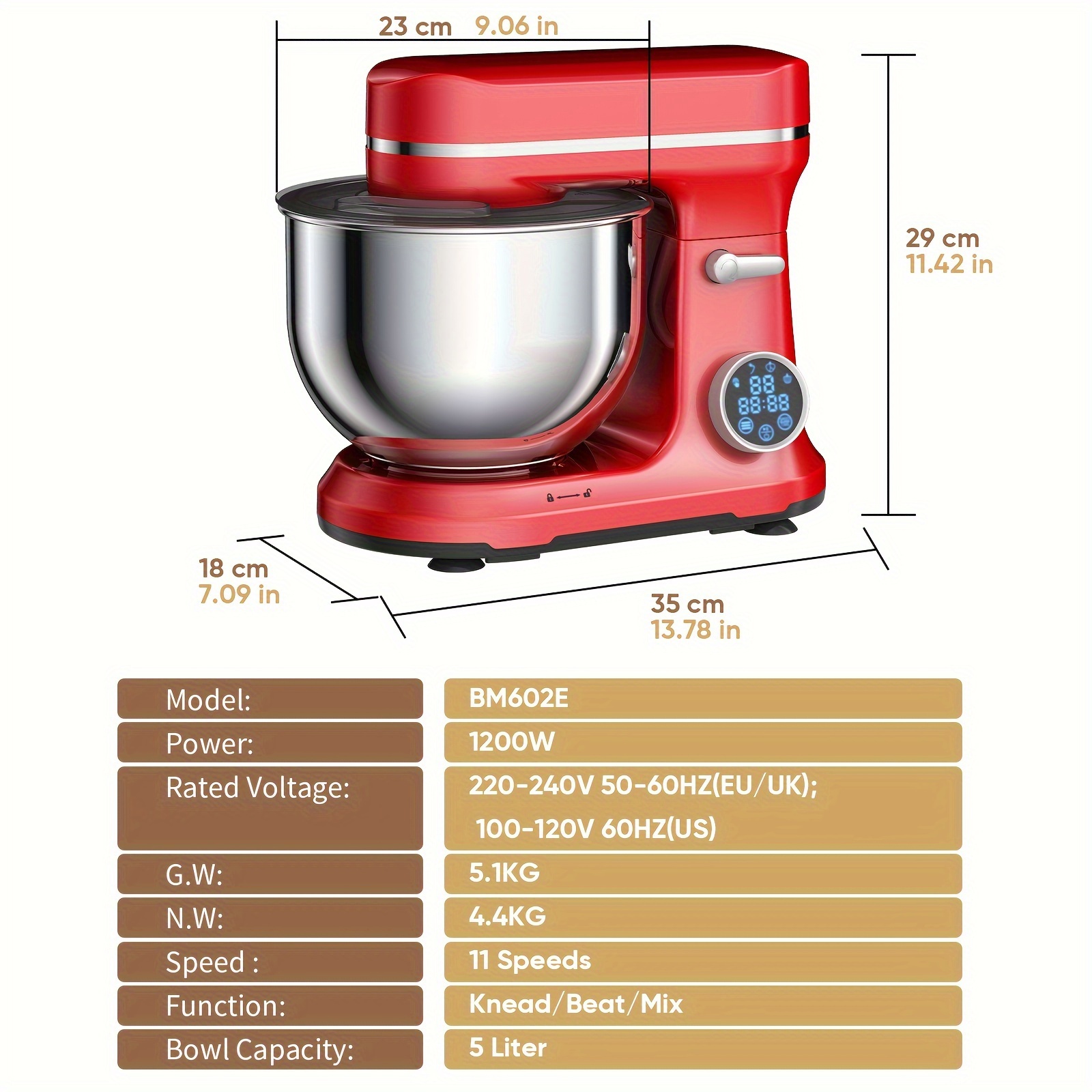 1200w electric stand mixer 5l stainless steel bowl with 11   adjustment     functions   dough hook whisk and beater touch oled display   quiet motor Product details 13