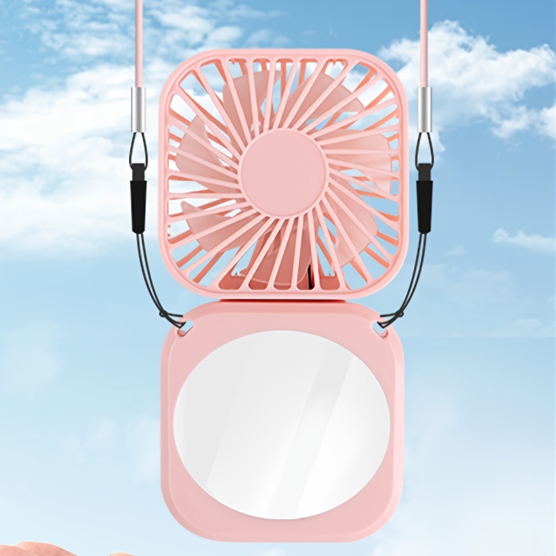 Mini Folding Halter Neck Fan with Makeup Mirror, Portable USB Charging Handheld Small Fan for Outdoor Use, Creative Desktop Fan, 3-speed details 1