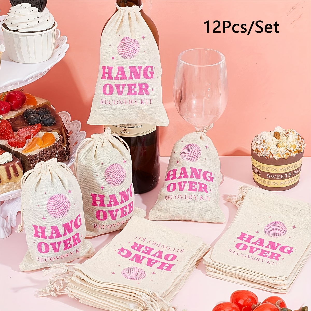 Image of 12pcs Hangover Recovery Kit With Giraffe & Rainbow Design - Linen Drawstring Bags For Weddings, Birthdays & Celebrations - Favors & Gifts, Christmas, Halloween