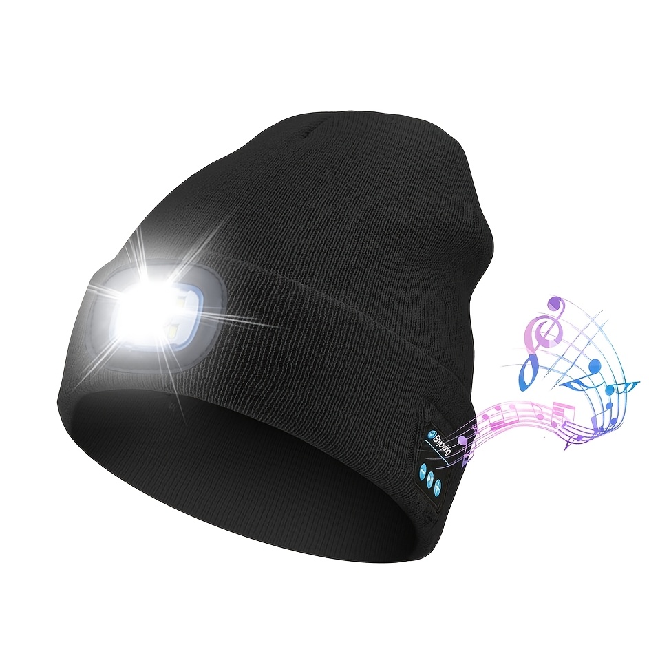 Image of Usb Rechargeable Headlamp, Christmas, Halloween Gift, Valentine's Day Gift, Winter Beanie For Women And Men, Unisex Warm Hat, , Headphone Hat, , Wireless Function, Connects To Mobile Phones