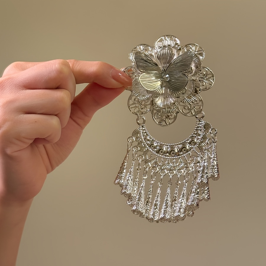 TEMU Ethnic Style Silvery Flower Bell Tassel Hair Clip Women's New Chinese Temperament Side Clip Hair Accessory