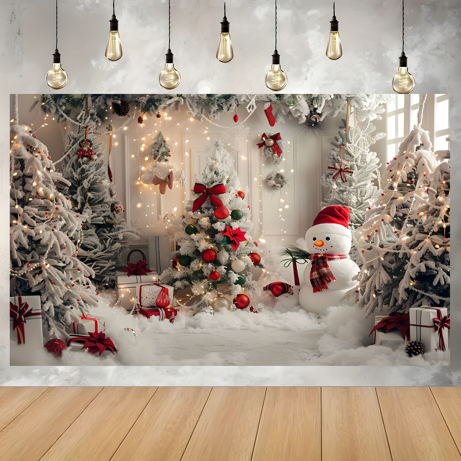 

1pc Polyester Christmas Photography Backdrop - Snowman & Pine Tree Design For Festive Photo Booth Props, Winter Portrait Background Decor, Multipurpose Banner For General Occasions & Seasonal Parties