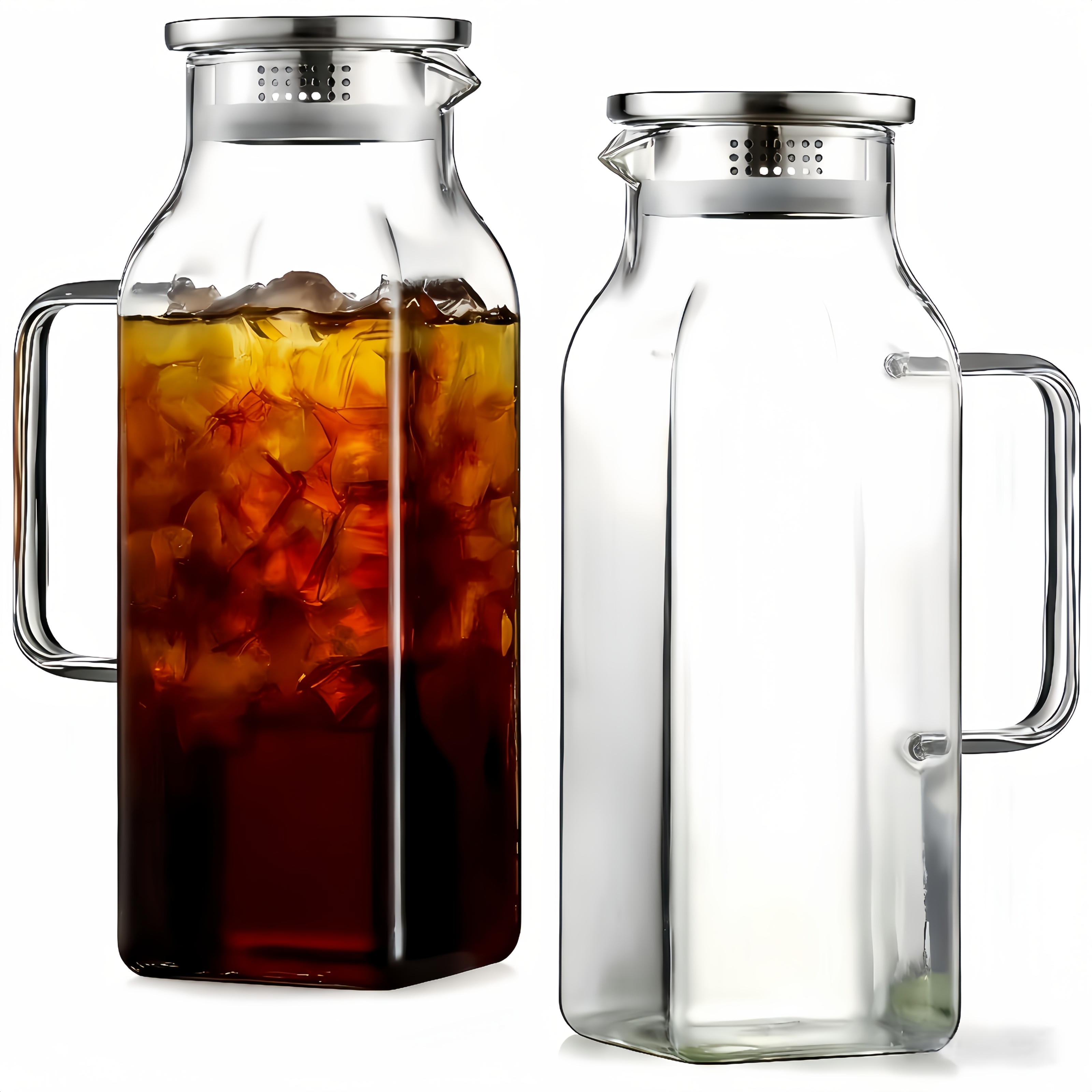 TEMU 2 Square Glass Pitchers With Brush And Spoon, For Refrigerator, Iced Tea And Coffee Pot, Beverage Utensils, Hot And Cold Drinks And Milk Jug,