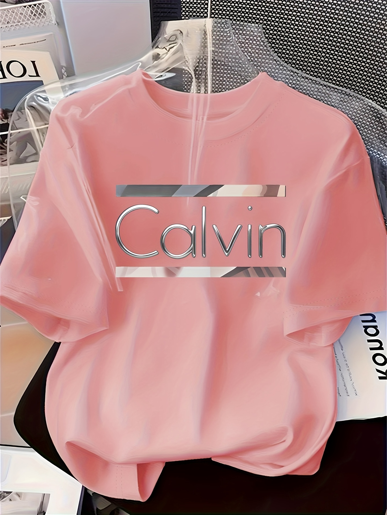 Women's Elegant Round Neck Short-Sleeve T-Shirt - Vibrant Red with White Calvin Monogram Print, Soft Fabric, Casual Versatile Top for Spring & Summer, Machine Washable, Casual Attire, Stylish Letter Print, Comfortable Fit