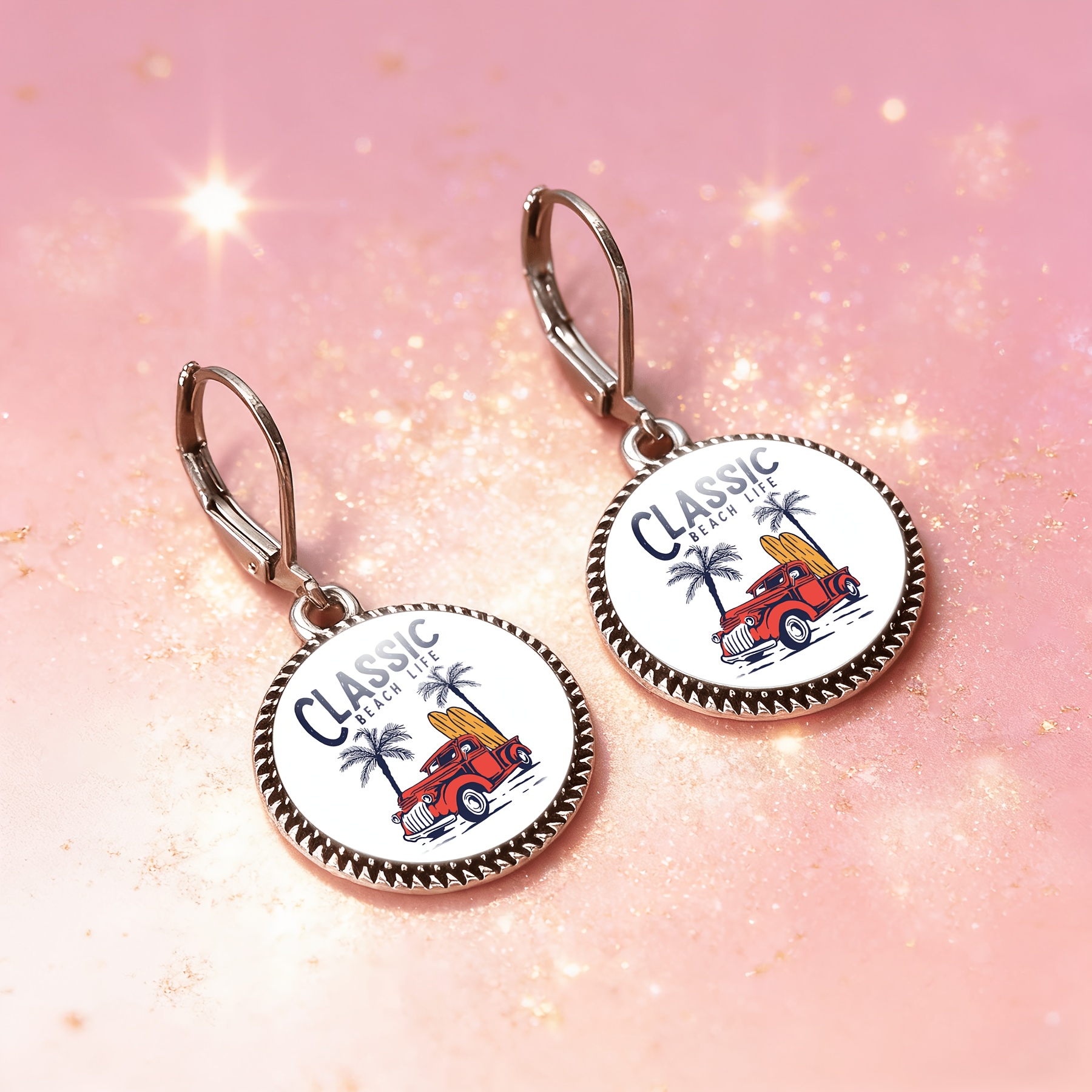 3pc Classic Beach Life Round Glass Base Necklace & Earrings Set