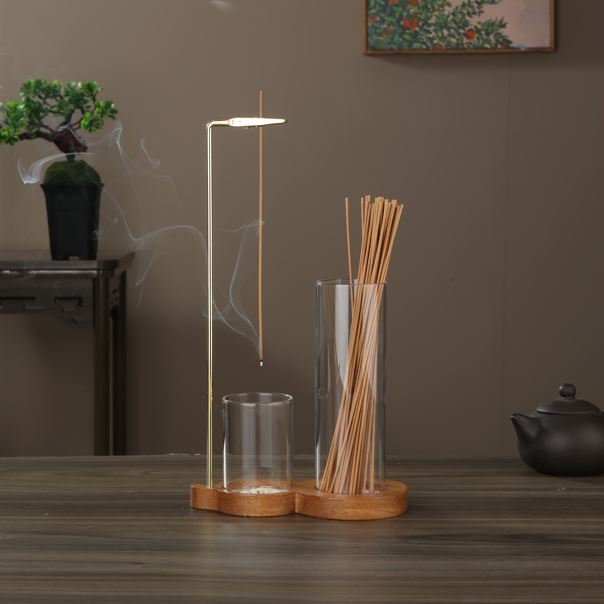 Image of Solid Wood And Glass Gourd Incense Holder, Metal Clip Stand, Household Indoor Hanging Incense Holder, Suitable For Tea Rooms, Living Rooms, Offices, Yoga, Meditation, Fitness , Etc.