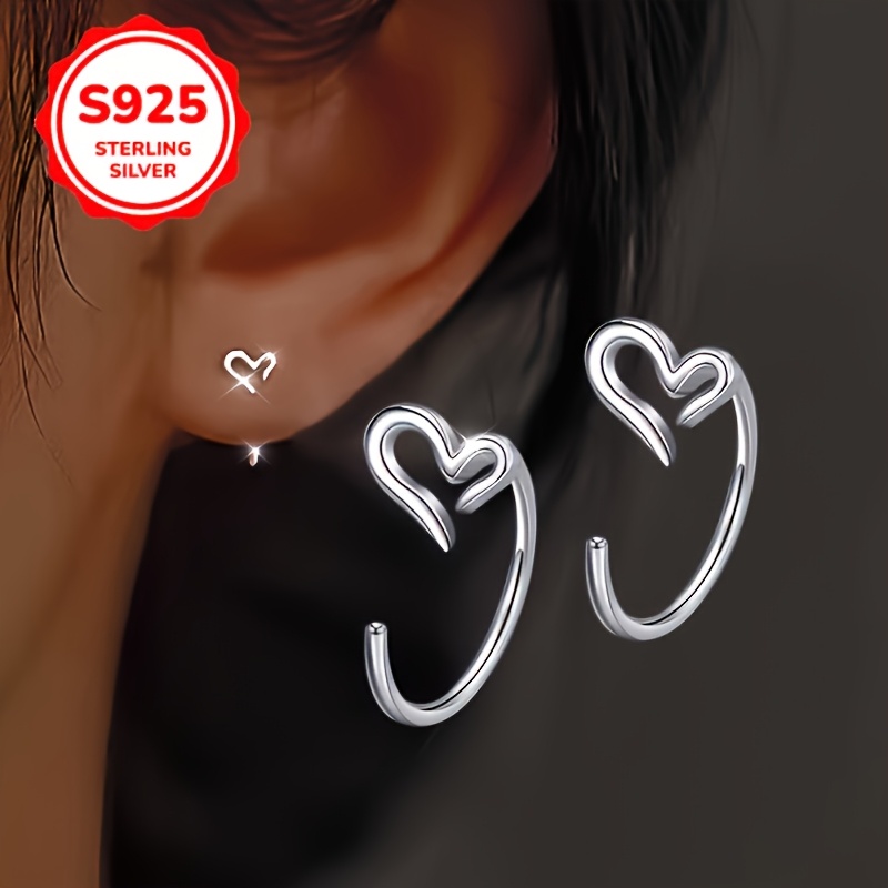 

1 Pair S925 Sterling Silver Heart-shaped Hollow Hoop Earrings, Simple And Cute, Hypoallergenic, Lightweight 1g, And Gift-, , Jewelry