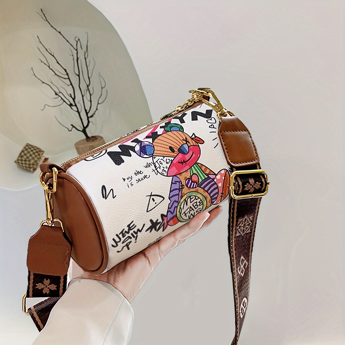 

Fashion Graffiti Print Crossbody Bag, Trendy Shoulder Cylinder Bag, Women's Vintage Handbag & Barrel Purse
