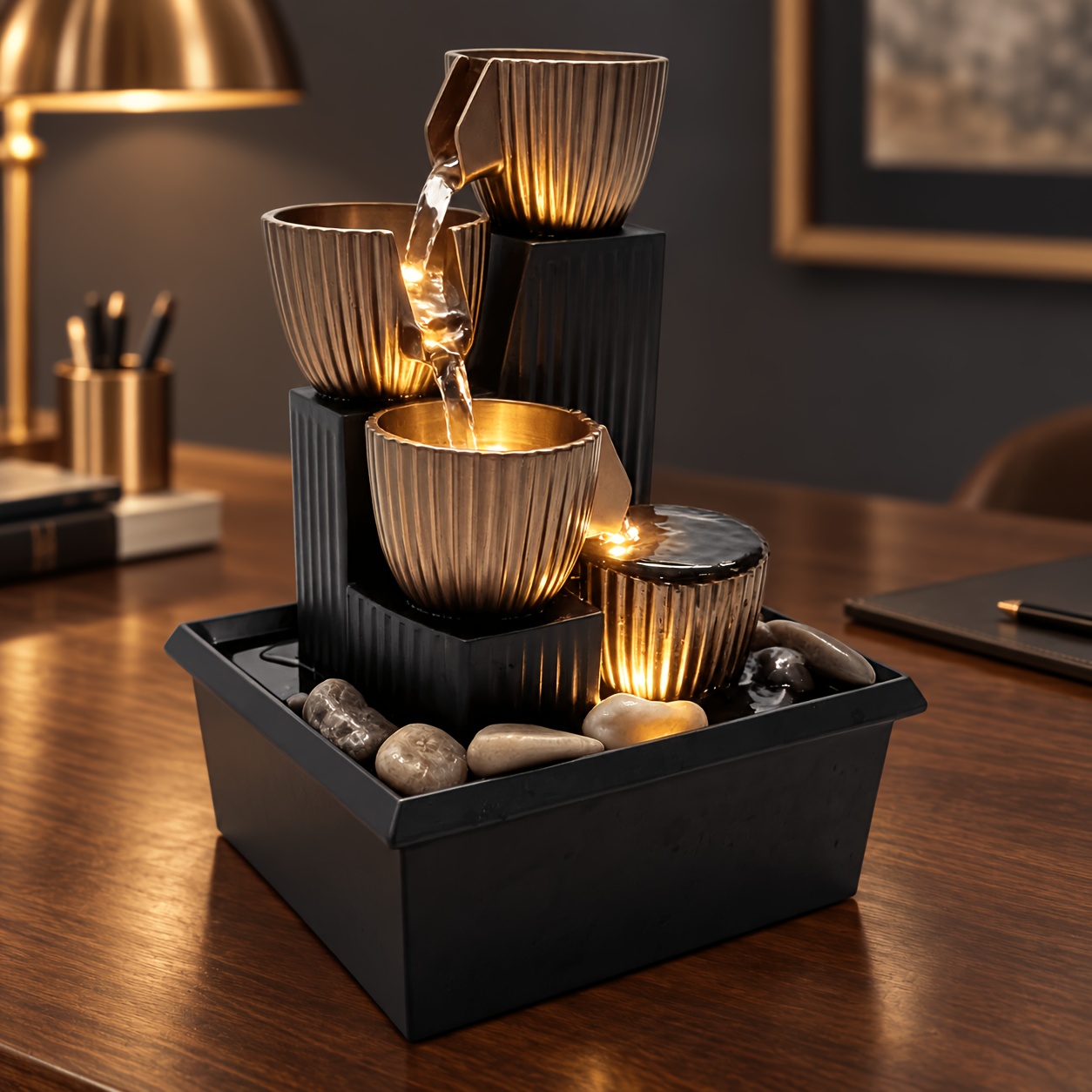 TEMU Small Tabletop Water Fountain Decor, Desktop Waterfall Fountain Ornament With Warm Led Light, 4-tier Feature For Home Office Living Room