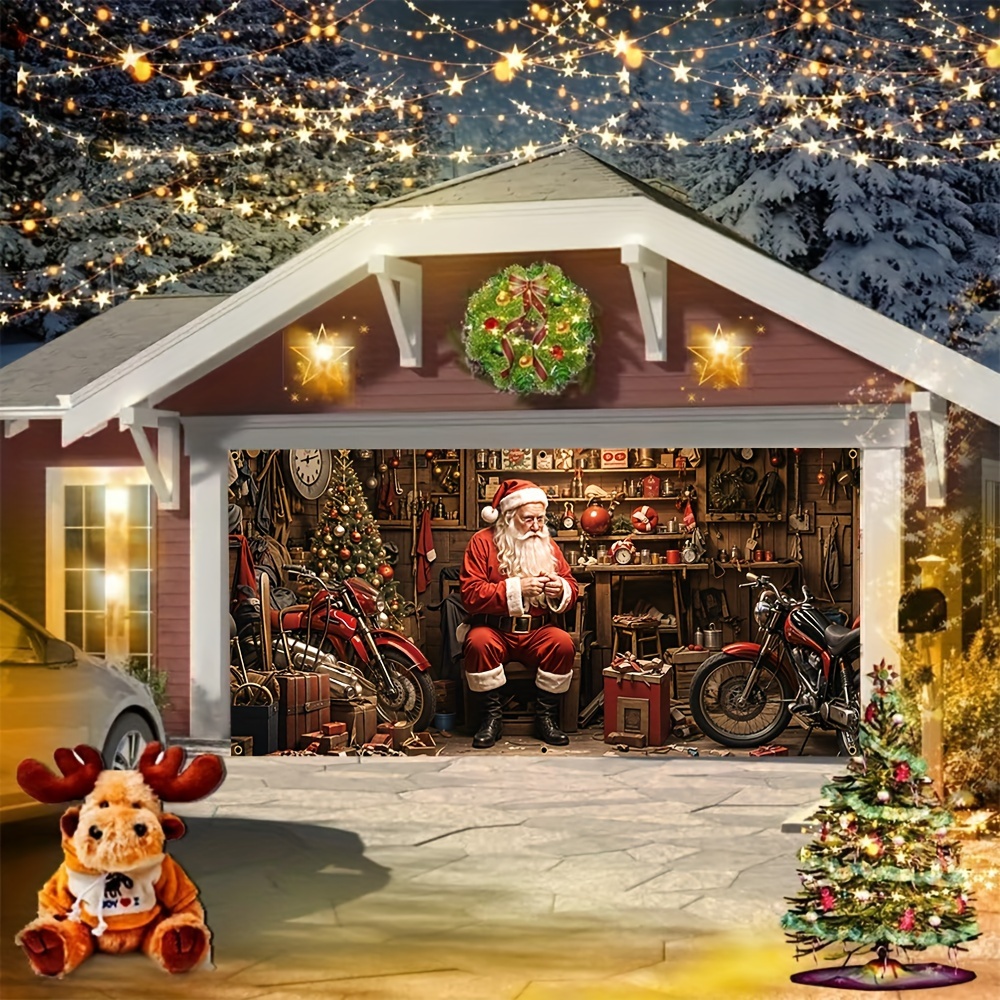 

1pc Christmas Garage Banner, Polyester , Santa Claus Motorcycle Pattern Decoration, Suitable For New Year Winter Celebration Party Home Wall Decoration Supplies 71*157 Inch