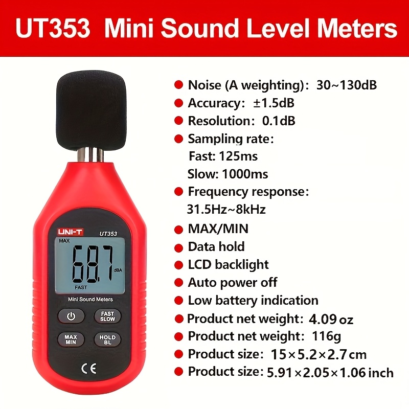 Medidor de nivel de sonido digital profesional UNI-T UT353, rango de 30-130 dB, precisión de 0.01 dB, pantalla LCD con retroiluminación, función de retención de máximo/mínimo, diseño compacto para pruebas de calidad de audio, monitoreo ambiental, uso en oficina, hogar, biblioteca, medidor de ruido para casa y oficina, instrumento moderno, plástico duradero - Imagen 3