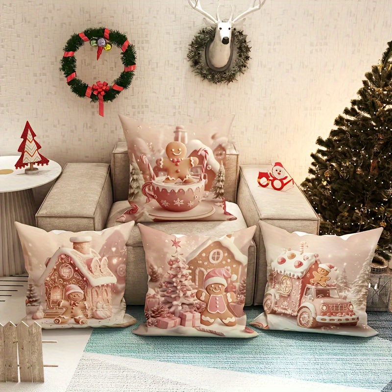 

4pcs Christmas Throw Pillow Covers Set - Gingerbread, Tree & Designs | Soft & Cute Decorative Cushion Cases For Living Room, Bedroom & Sofa | 18x18 Inches | Zip Closure | Hand Wash Only | Polyester