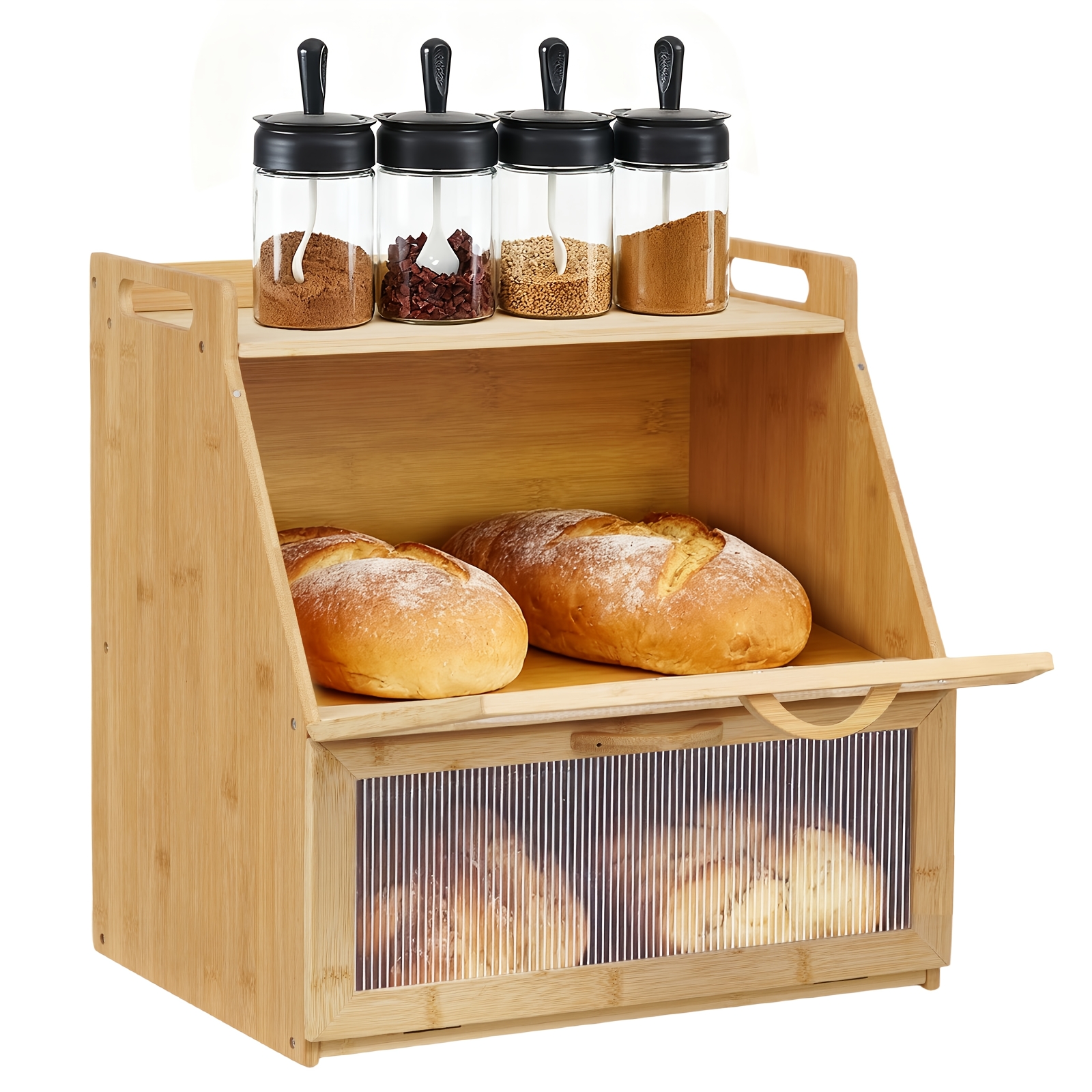 Double-layer Kitchen Bread Box, With Solid Wood Window And Door Panels Featuring Stripes, In