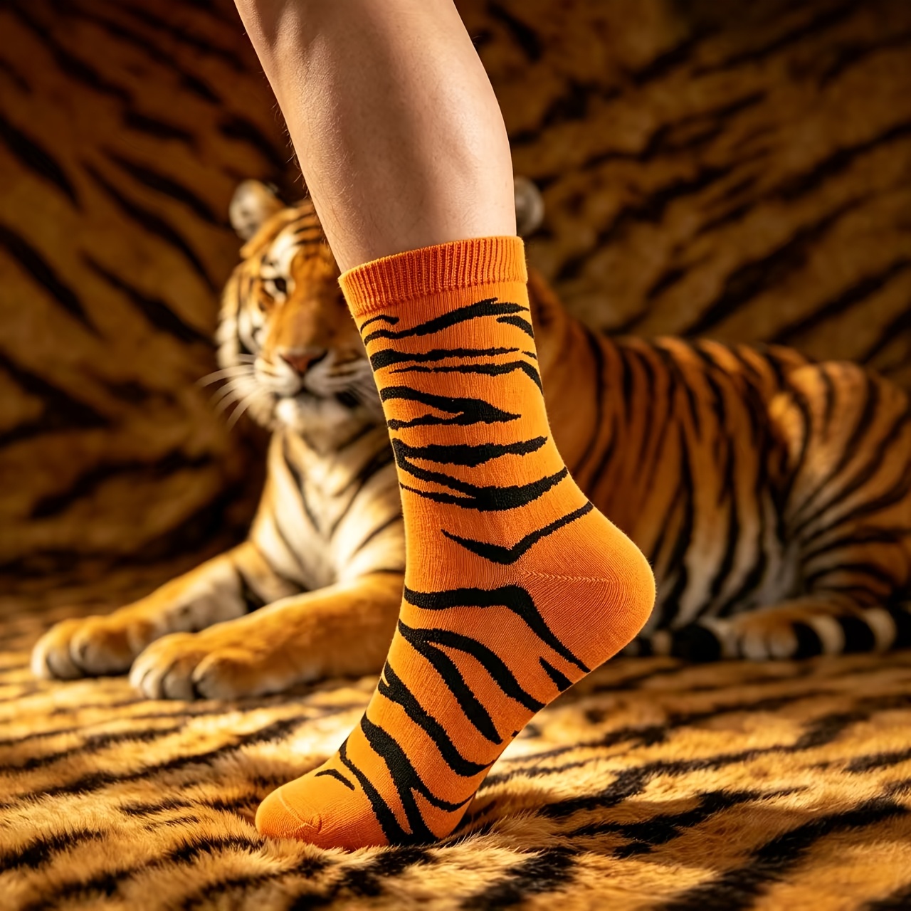 TEMU 1 Pair Men's Mid-calf Socks, Cartoon Tiger Striped -block Ins Trendy Men's Socks, Spring/autumn Thin Breathable Moisture-wicking Socks, Sports