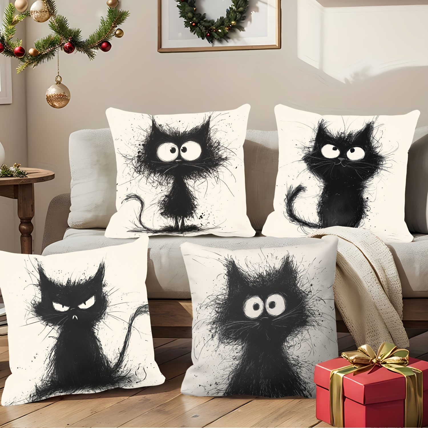 

4pcs Set Of Adorable Black Cat Throw Pillow Covers, 18x18 Inches - Cartoon Design With Zipper Closure, Machine Washable - Sofa & Bed Decor (inserts Not Included)