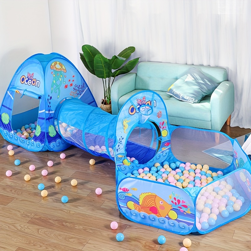 3-delige Blauwe Oceaan Thema Kinderballenbak Set met Glijbaan-achtige Tunnel & Koepelhoes