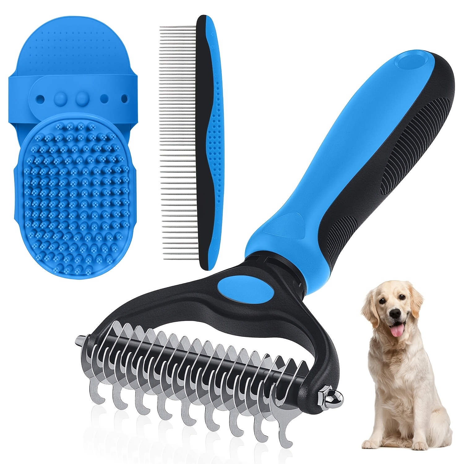 TEMU Double-sided Pet Grooming Rake - 4-in-1 Professional Pet Grooming Kit, Deshedding Dematting Tool For Dogs, Cats, Extra-wide Grooming Brush &