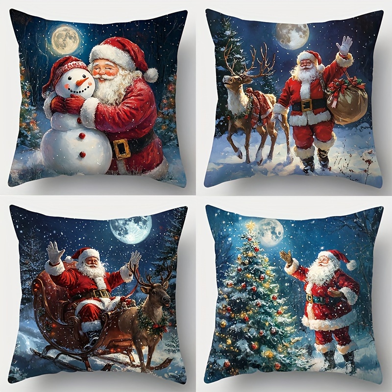 

4pcs Set Yuletide , Christmas Pillow Covers, 17.72" Square - Soft Polyester, Zip Closure, Machine Washable - Living Room & Bedroom Decor