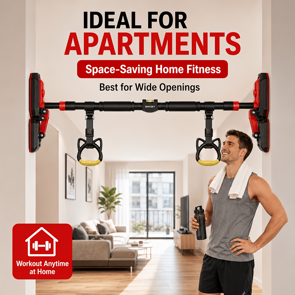 96-145cm Single Adjustable For Hallway Position Pull-up Bar, With 2 Pull Rings, No-punch Heavy-duty Single Bar, Home Fitness Upper Limb Training Equipment
