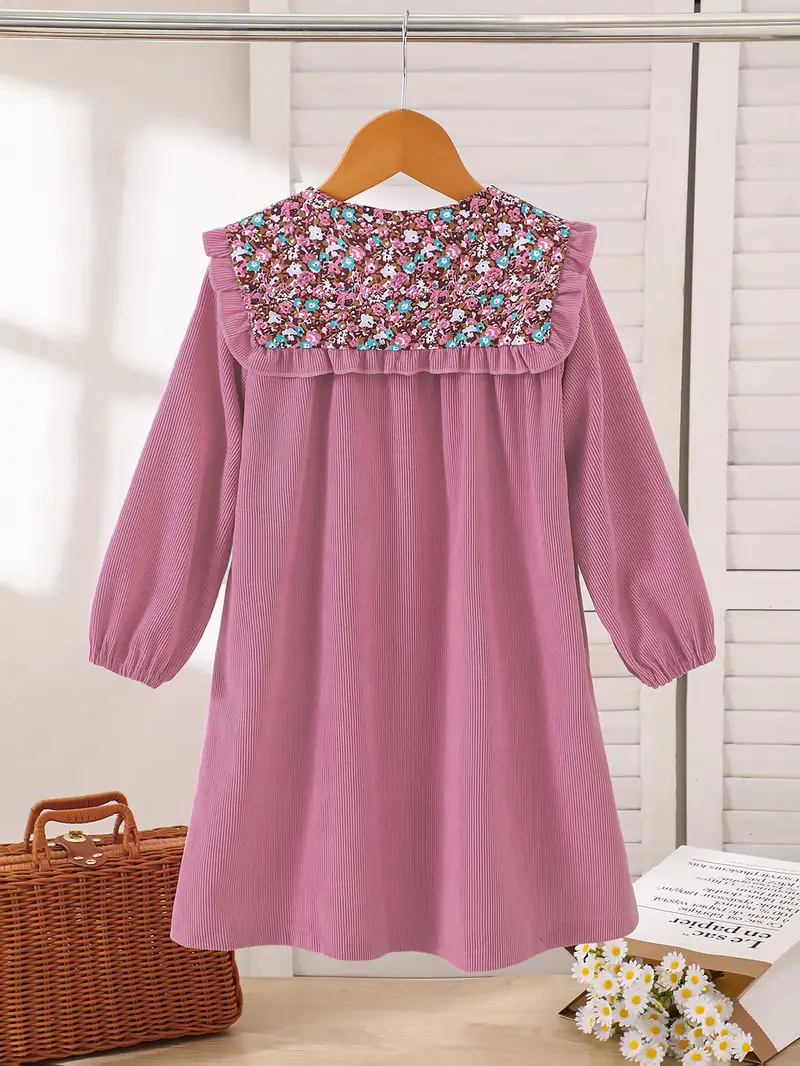 girls pink and green floral corduroy dress fall winter girls sweet corduroy dress ruffle floral collar button
