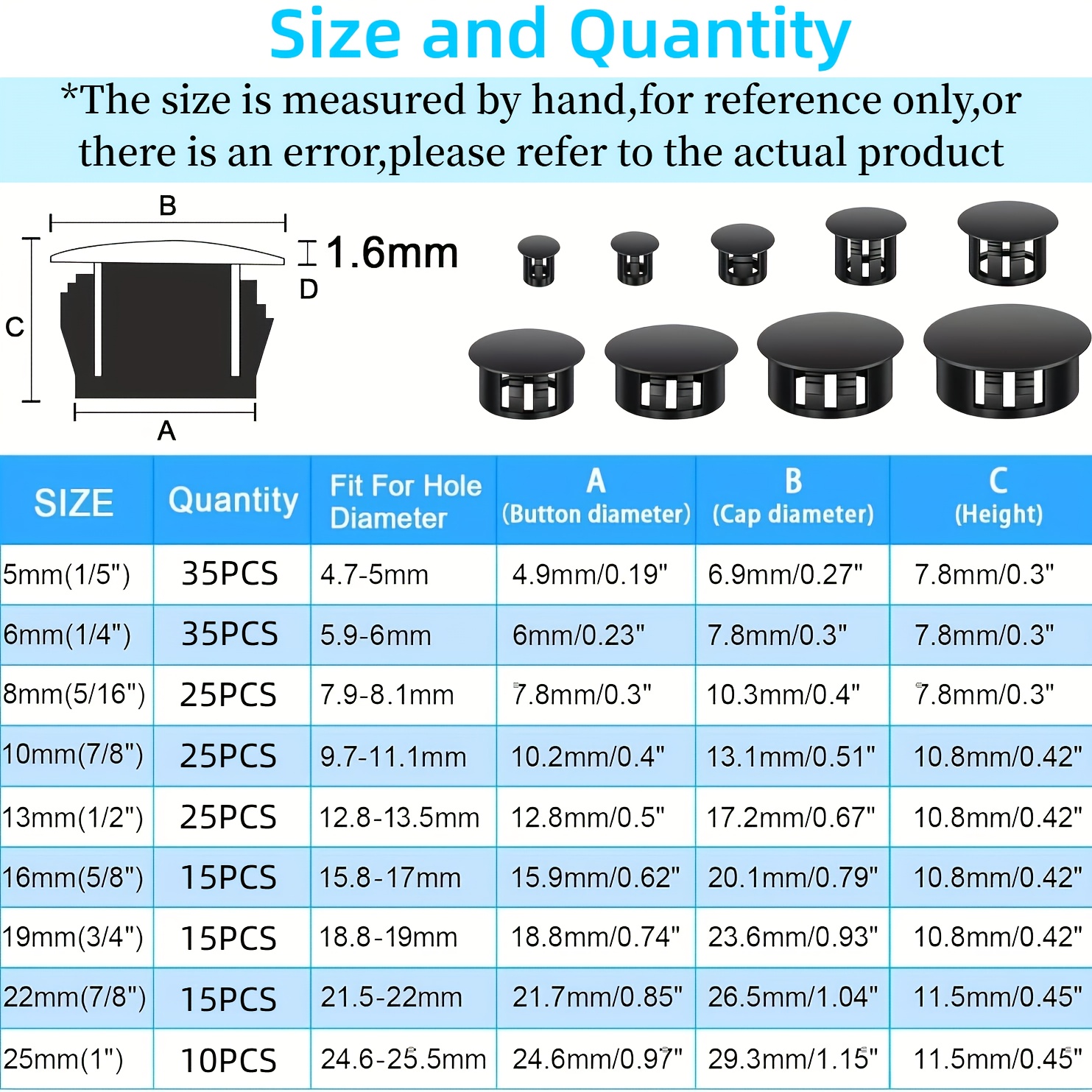 TEMU 200pcs Black Nylon Hole Plug Set (9 Sizes: 1", 7/8", 3/4", 5/8", 1/2", 3/8", 5/16", 1/4", 1/5") - Plastic Hole Plugs, Assorted Sizes, End Caps