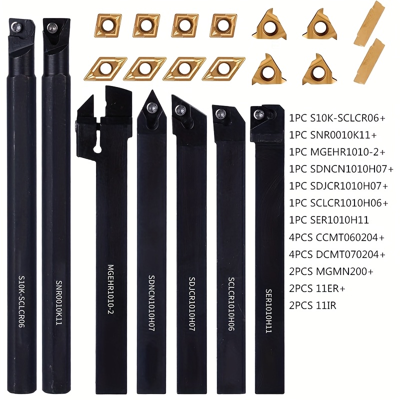 3/8" 10mm Indexable Lathe Turning Tool 21pcs Kit- 7pcs Metal Lathe Tools Holder Set With 14pcs Carbide Insert Turning Inserts For Turning Grooving Boring Threading Cutting.carbide Lathe Tools