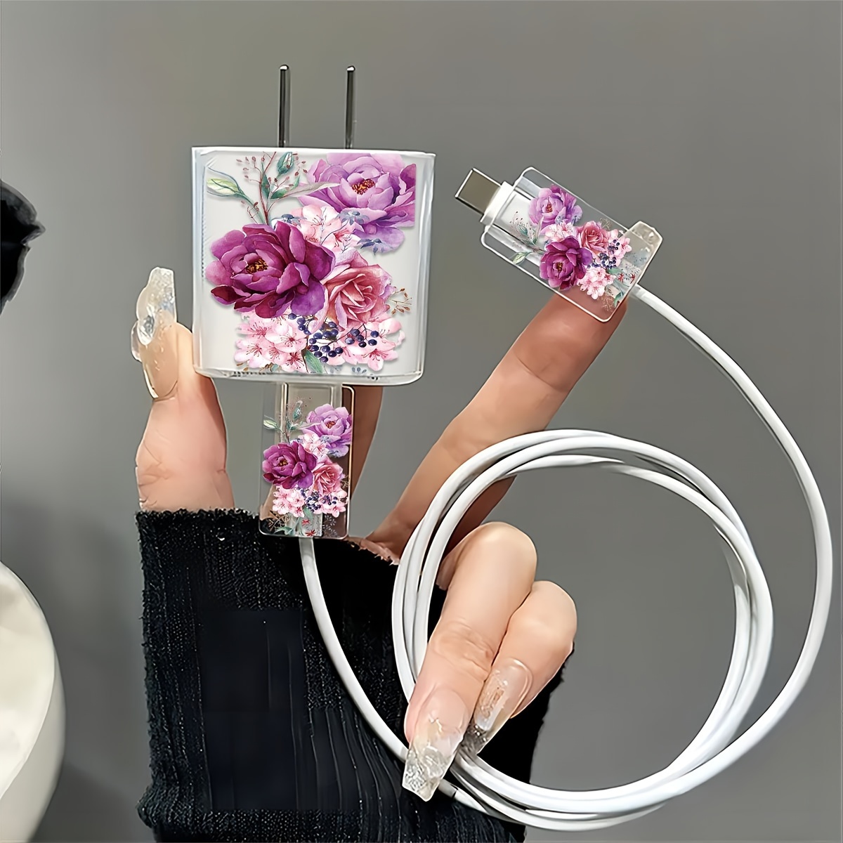 

3-piece Rose Pattern Transparent Charger Case For Iphone 13/14/15: Includes 18w/20w Charger, Cable, And Line Head Protection Covers - Perfect Gift For Tech Lovers