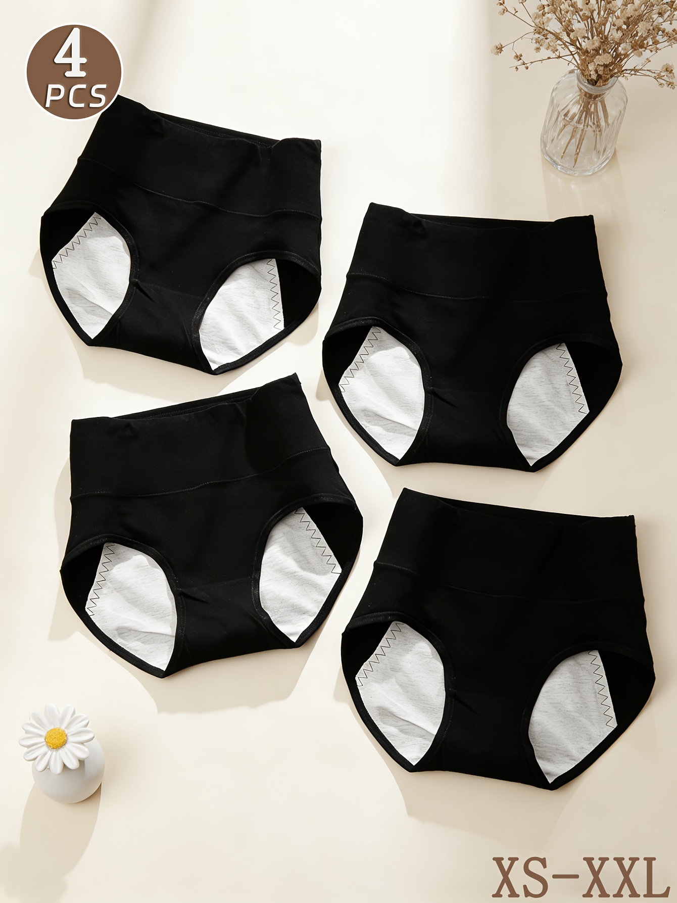 4-Pack Black High-Waist Women's Period Panties, Tummy Control, Butt Lifting, Anti-Leakage, No Crotch Riding or Waist Tightness, Suitable for Home and Commuting During Menstruation