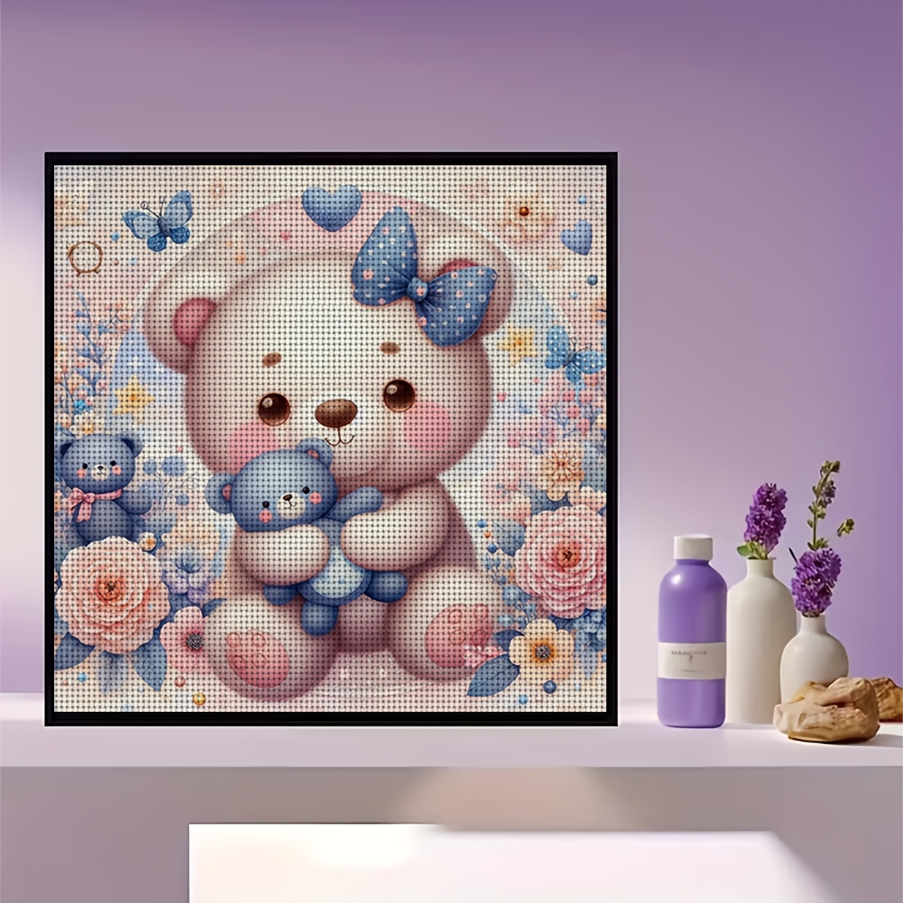 DIY Cross-Stitch Printed Kit, White Bear Hugging a Blue Cub Design