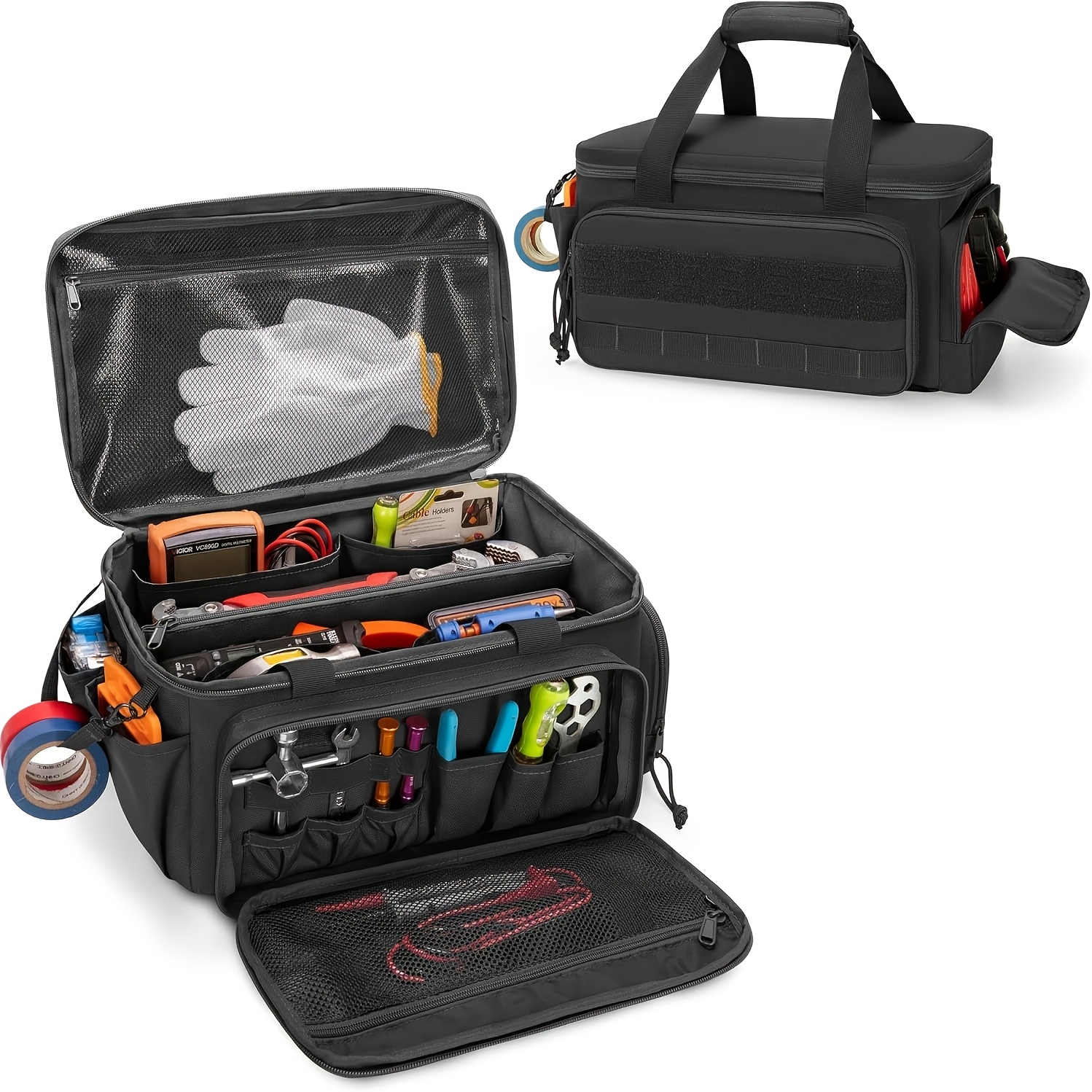 Image of 14-inch Electrician Tool Bag, Home Improvement Tool Bag With Multiple Pockets, , And Collapsible Hvac Tool Organizer, With Protective Handle, Ideal For Mechanics, , And Contractors