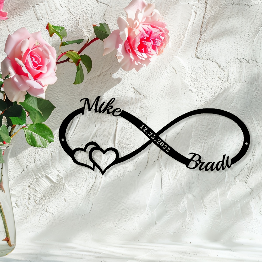 TEMU Customizable Infinity Heart Metal Wall Decor - Personalized Couple & Names With Anniversary Date - Romantic Indoor Bedroom Art For Valentine's,